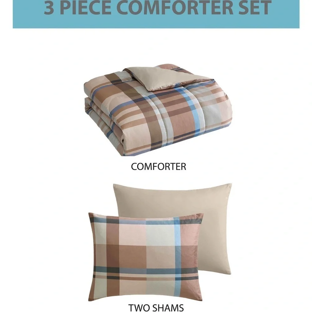 Plaid Pattern Comforter Set - Rust and Cream Queen